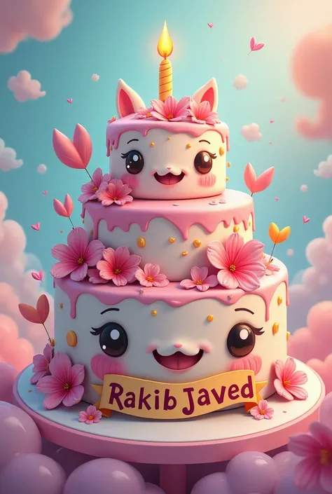 Beautiful, cute birthday cake, flowers with  sentiment wishing words in banner, painting in potrait fantasy animatic style, written name Rakib Javed