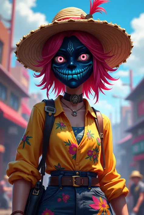  A Free Fire skin with a straw hat, Black blue puppet mask ,  easy painting Prince Maniac and professional gouache blouse