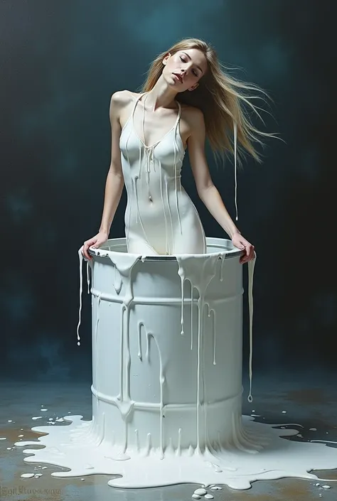 (((Oil painting style))), dreamlike and (((surreal image))) of a beautiful woman emerging from a big can of thick white paint dripping down her body, spreading paint everywhere? dark background