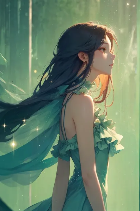  １ beautiful girl、From the side、 skin texture、shoulder、  mist dress 、Frills、hand hold green、cool、 Soft、 SPARKLING REFLECTION 、 natural red super long hair、 Mist and Fusion 、GREEN - DARK MIST 、Blurred background、 blurry background、 warm light、HD