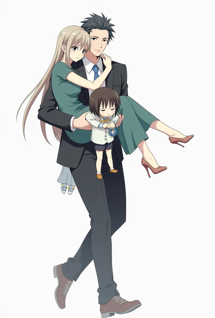 Anime style, a man holding a  in his arms while walking, A man in a suit and a  in a knee-length dress, A small  is carried in front in an upside down position, To s title her head down,Small s stomach facing upwards, Carrying a naughty , the little  is a ...