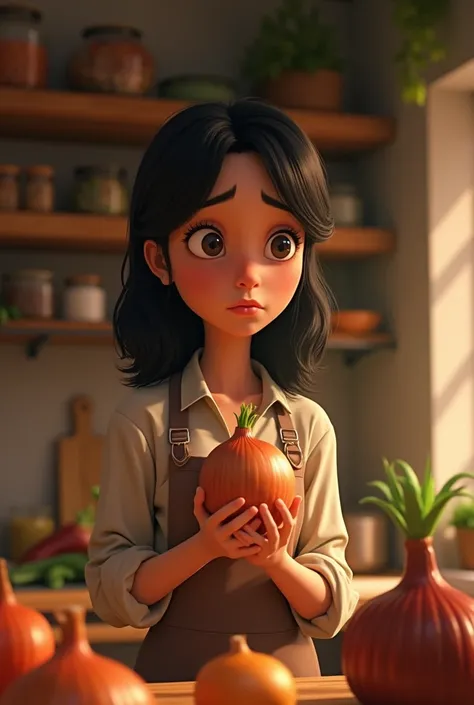 Create a Disney Pixar style medium shot of a skeptical young woman with shoulder-length black hair holding an onion in a cozy kitchen. The subject is placed at the center of the frame and is examining the onion with a hesitant expression. The point of view...