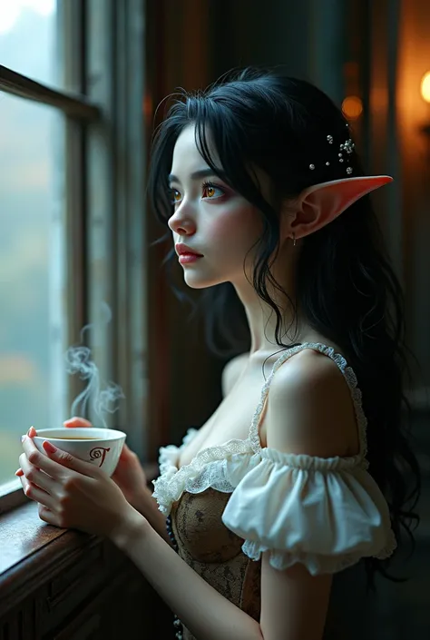 Gothic Elf Girl looking out window with coffee, large boobs, frilly dress, pale skin, orange eyes, black hair