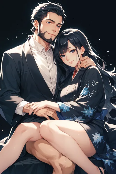  ・Black background
・Women in their late 20s
・Black Hair
・Long hair that extends below the knee
・Blank eyes
・Unpatterned black kimono
・Has a frosty smile
・Put your hand around a mans neck、Cuddling
・Man is wearing a beard 