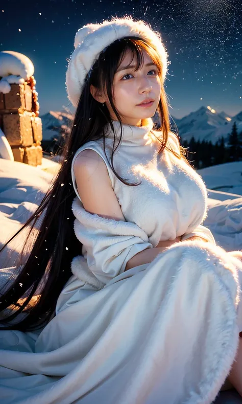 (     smiles、 Snowflakes 、When she casts a spell , Snow-capped mountain ranges in the background、Sunset、 Magic Rim 、staring at something、diamond dust flutters、クリーム色のhair、   Heavy snowfall area      、   Its snowing  、    blue eyes、    blue eyes、Elegant and ...