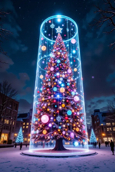 It says "Merry Christmas", A gorgeous and wonderful huge Christmas tree appears in a snow-covered square and inside a cylindrical hologram, effective effects, bold and dynamic, contrasts of light and shadow, 2.5D, artistic photography, hyper realistic, ult...