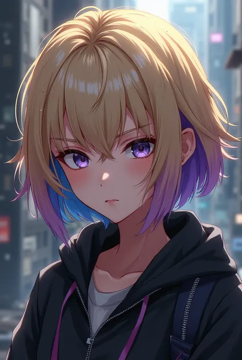 Tokyo revengers,  a 14-year-old girl, light skin, short blond hair with purple and blue highlights, medium-sized eyes,  serious expression , half body