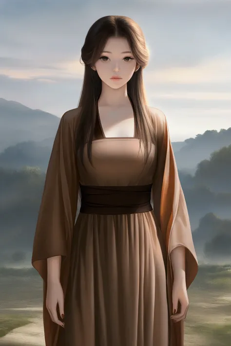 brown hair ,brown hanfu, small breasts, long hair, expressionless, masterpiece, best quality, realistic, 8k, official art, cinematic light, ultra high res, perfect female body, sharp focus, guofeng, 1girl, solo, chinese clothes, realistic, nail polish, sta...