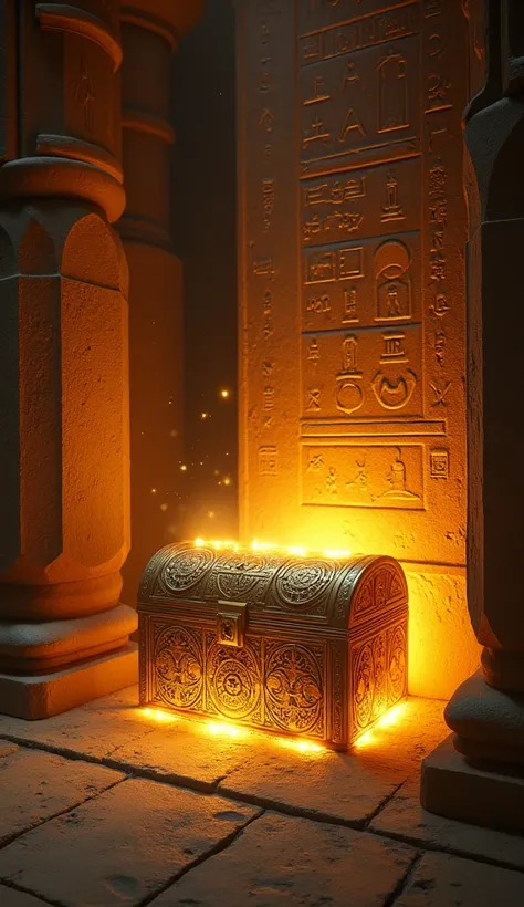 A glowing treasure chest or a hidden passage inside a pyramid, surrounded by ancient hieroglyphs.