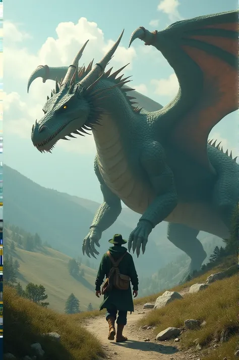 A man walks with a big dragon .  Man wearing a dark green jacket and a green hat. wearing shoes