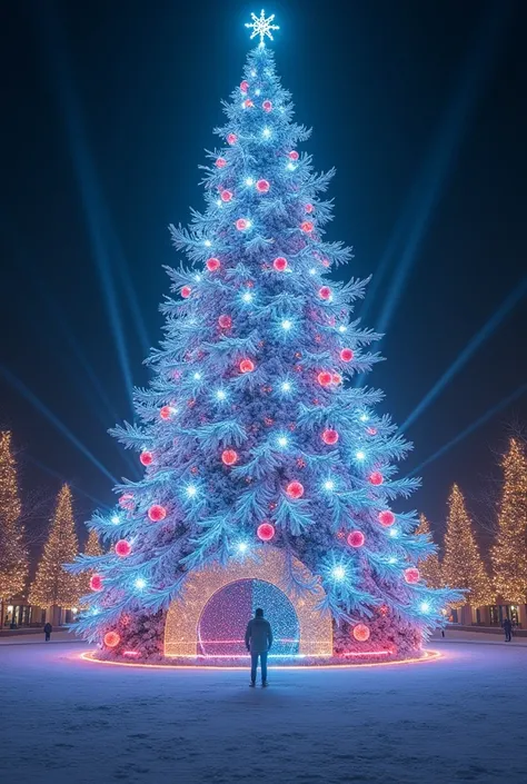 It says "Merry Christmas", A gorgeous and wonderful huge Christmas tree appears in a snow-covered square and inside a cylindrical hologram, effective effects, bold and dynamic, contrasts of light and shadow, 2.5D, artistic photography, hyper realistic, ult...