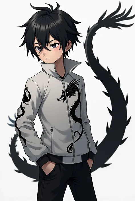 A boy black hair and white jacket with a black Dragon design and black pant and he has a black dragon  tail