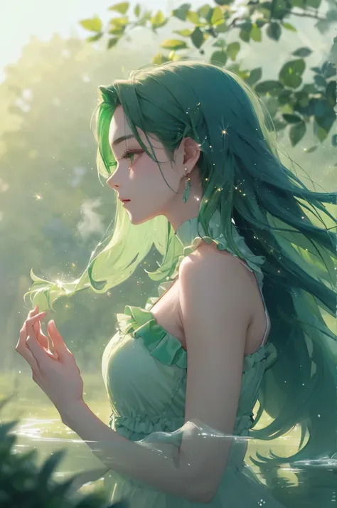  １ beautiful girl、From the side、 skin texture、shoulder、  mist dress 、Frills、hand hold green、cool、 Soft、 SPARKLING REFLECTION 、natural green super long hair、 Mist and Fusion 、GREEN - DARK MIST 、Blurred background、 blurry background、 warm light、HD