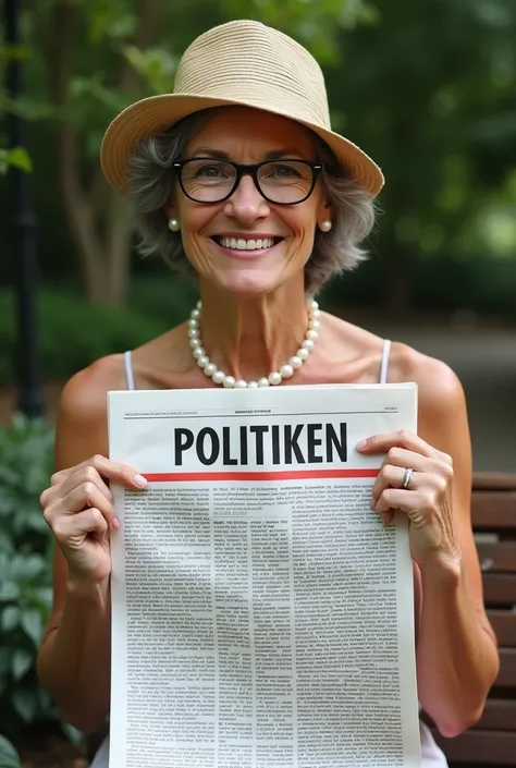 totally naked 60 year old elegant woman  hold big BROARDSHEET newspaper under breast, smile, HEADline "POLITIKEN" with red stripe beneath, grey hair,, sit in garden,  , glasses, pearl necklace, big breast visible, hat