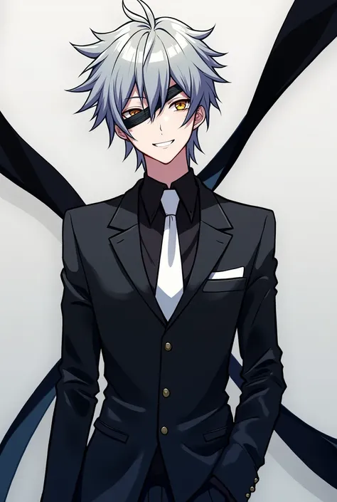 A male character with anime hair with a gray bandage around his eyes and a happy mouth ,  dressed in an all-black suit with a white tie and a black band from the left shoulder to the tip of the waist on the right side 