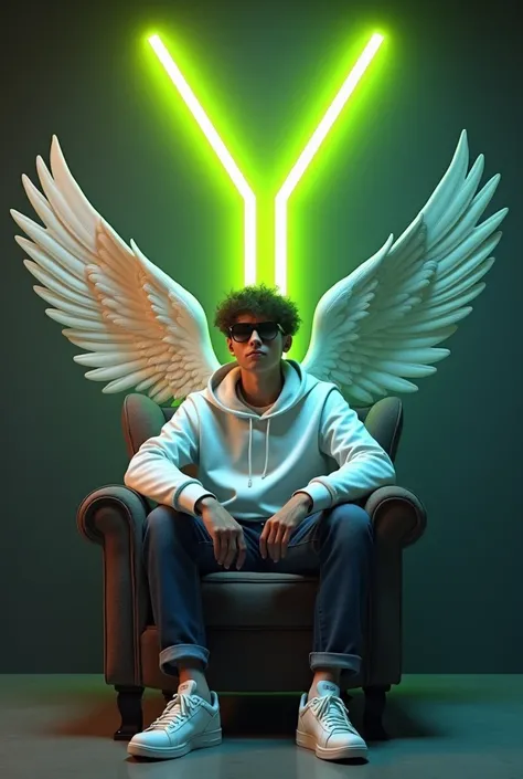 Create a Realistic Picture of 25 Year old boy for a WhatsApp profile picture where a boy in a Wingback sitting on Eagle casually Wearing hunter White hoodie, sneakers and sunglasses, he looks ahead. The background features “Y” in big and capital green and ...