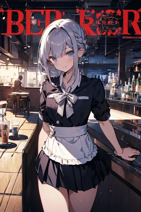 (from above:1.2,Best Quality),a girl , platinum color hair、bartender uniform,Purplish blue eyes that dreamers desire, small stature, medium , Lori face, (masutepiece:1.2, Best Quality), (finely detailed beautiful eye: 1.2), (beautifull detailed face), (per...