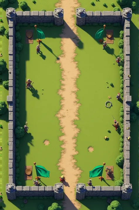  Create a 2D RPG battle map ,  with top view , top view ,  top down from an open walled training ground for medieval warriors,  green and white flags ,  vast quadratic field  