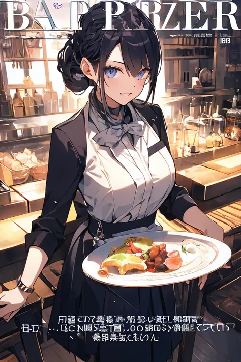 (from above:1.2,Best Quality),a girl , platinum color hair、bartender uniform,Purplish blue eyes that dreamers desire, small stature, medium , Lori face, (masutepiece:1.2, Best Quality), (finely detailed beautiful eye: 1.2), (beautifull detailed face), (per...