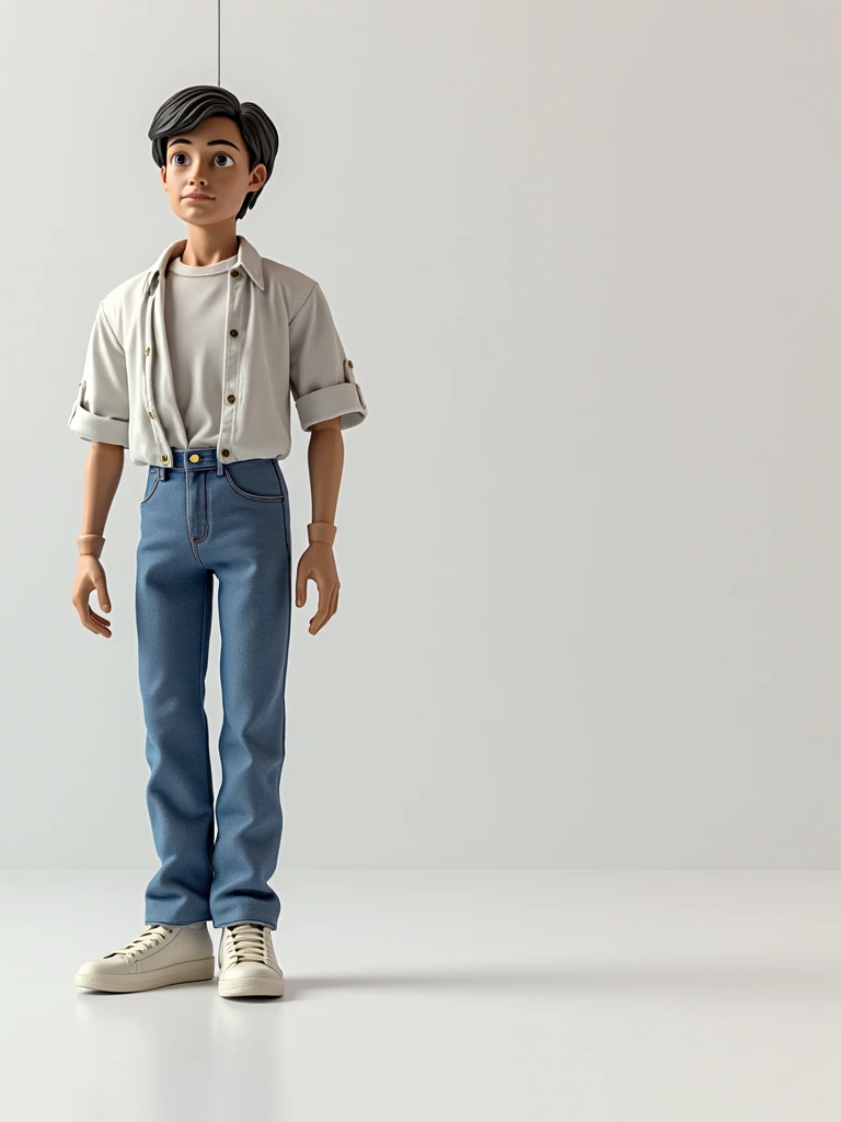 Recreate this puppet puppet of a teenager dressed in a white shirt and blue pants