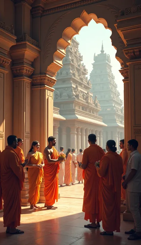 "Create a scene inside a traditional Tamil temple, where devotees are engaging in conversation with the temple priests (nirvagigal) after performing their prayers. The priests, dressed in traditional attire, are standing beside the temple’s sanctum, offeri...