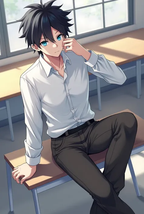 1 male, messy black hair, blue eyes, white school shirt, sleeves rolled up, khaki pants, expressionless face, 4k, anime, sitting in a desk, school classroom with windows background.