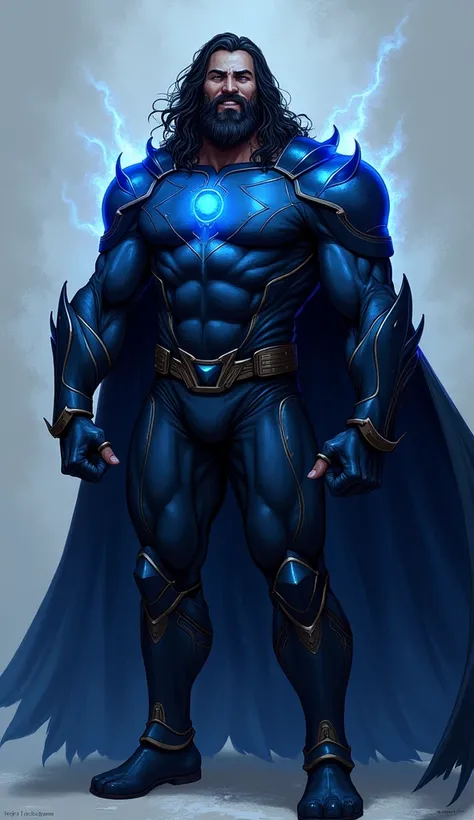 Solo, Smile, Man, Male, Black Hair, Simple background, High Resolution, Feet Out Of Frame, High Quality, long hair, super muscular, bara chest, dark blue uniform, cape, superhero, black beard, hairy chest, extta wide shoulders, handsome, buff, hair covered...