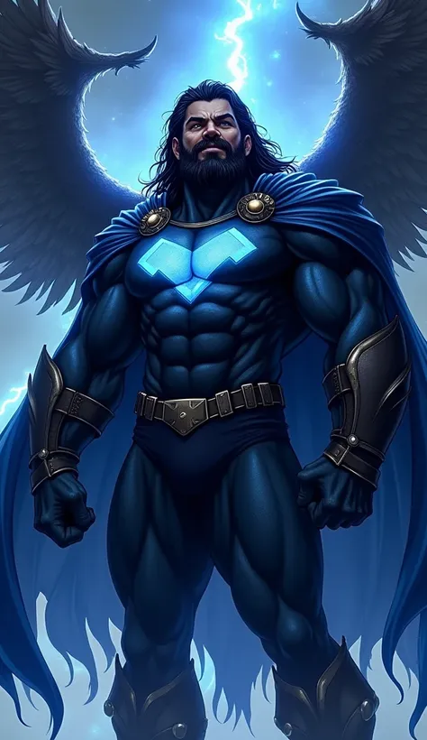 Solo, Smile, Man, Male, Black Hair, Simple background, High Resolution, Feet Out Of Frame, High Quality, long hair, super muscular, bara chest, dark blue uniform, cape, superhero, black beard, hairy chest, extta wide shoulders, handsome, buff, hair covered...