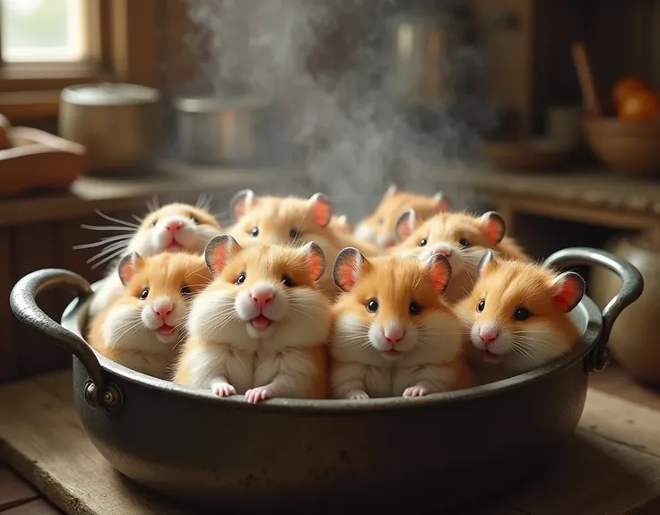 masterpiece, best quality, Photorealistic, realistic, photograph, Hamsters soaking in a pot of hot water