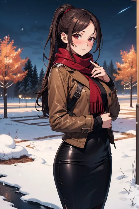 ((masterpiece, best quality:1.3, high detail)), beautiful woman, looking at viewer, long hair, (dark red brown hair, ponytail hair), full-face blush, solo focus, one person, (brown jacket, white blouse, red scarf, (long black pencil (skirt)), long leather ...