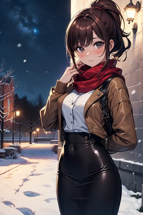 ((masterpiece, best quality:1.3, high detail)), beautiful woman, looking at viewer, long hair, (dark red brown hair, ponytail hair), full-face blush, solo focus, one person, (brown jacket, white blouse, red scarf, (long black pencil (skirt)), long leather ...