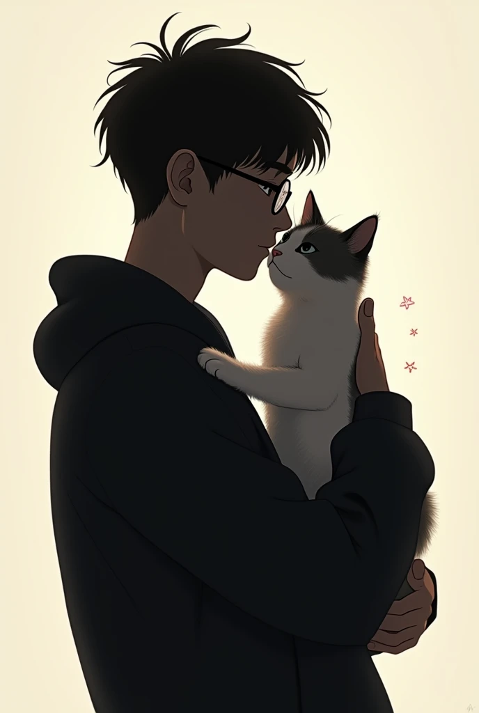 Silhouette of a 20-year-old boy of one meter seventy with lenses, Little dark-haired hair , test clara, Chinese eyes hugging their white kitten with gray spots.  Its the birthday of the dark-haired boy  
