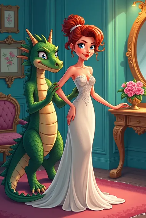 Create a cartoon-style image of a woman dressed up elegantly by a half dragon 