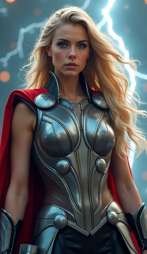 "A realistic, gender-swapped version of Marvels Thor as portrayed in the films, featuring a powerful, confident woman with long, flowing golden hair and striking blue eyes. She wears an intricate, silver and red armor, including a metallic breastplate with...