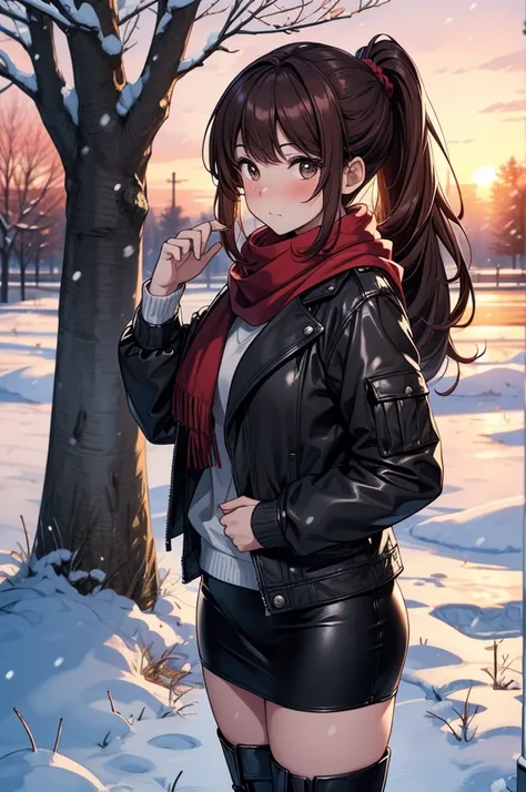 ((masterpiece, best quality:1.3, high detail)), beautiful woman, looking at viewer, long hair, (dark red brown hair, ponytail hair), full-face blush, solo focus, one person, (brown jacket, white blouse, red scarf, (long black skirt), long leather pencil sk...