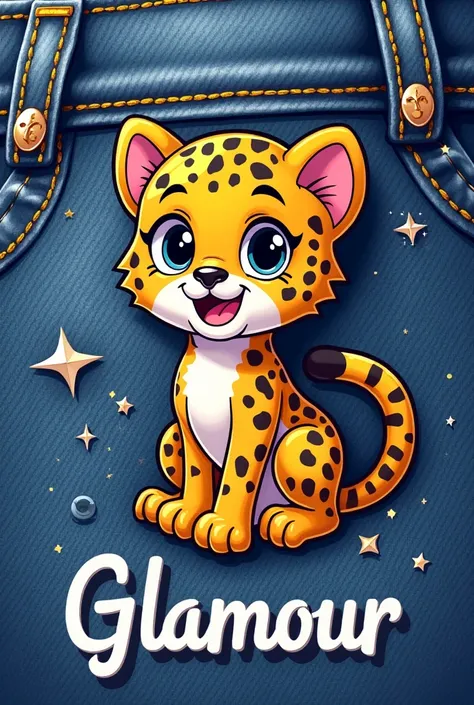 Create a cute Y2K logo in a new jeans style called glamour. The bands animal is a leopard. 