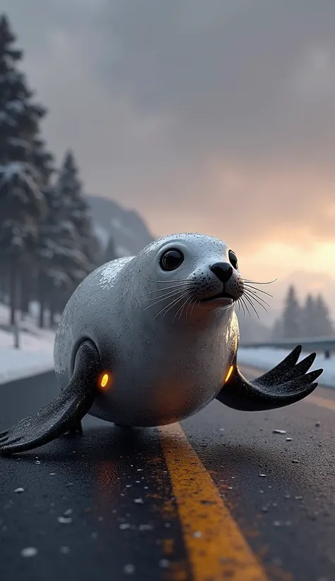 "Create a 4K ultra-realistic hybrid design combining features of a harp seal into a futuristic sport car. The car’s body should mimic the seals smooth, white fur-like texture, with rounded curves and soft, organic lines. The headlights should resemble the ...