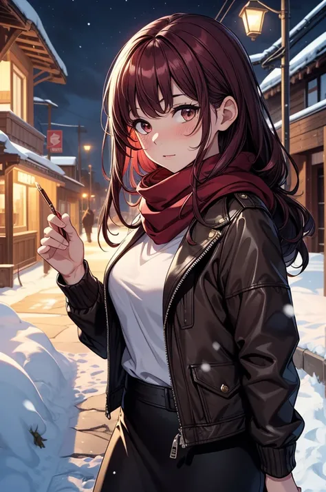 ((masterpiece, best quality:1.3, high detail)), beautiful woman, looking at viewer, long hair, (maroon hair), full-face blush, solo focus, one person, (brown jacket, white blouse, red scarf, (long black skirt)), long pencil skirt, boots, outdoors, (night s...