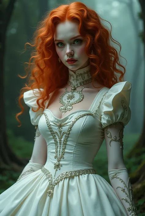  Make an image of a villain from my hero academy ,Let me be a redhead with curly hair .  green eyes, and wear a villain costume that is like Alice from Wonderland, and that it be white 