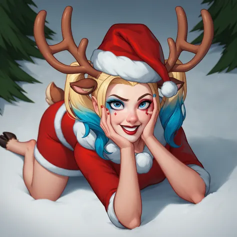 DCs Harley Quinn is being transformed into a reindeer by the power of Christmas, (happy expression, joyful expression, amused expression), ((transformation:1.2)), ((reindeer ears, reindeer tail, reindeer hooves, reindeer antlers, sexy Ms. Santa costume, Sa...