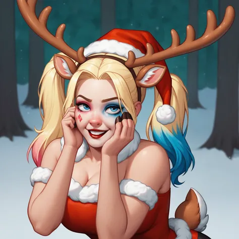 DCs Harley Quinn is being transformed into a reindeer by the power of Christmas, (happy expression, joyful expression, amused expression), ((transformation:1.2)), ((reindeer ears, reindeer tail, reindeer hooves, reindeer antlers, sexy Ms. Santa costume, Sa...