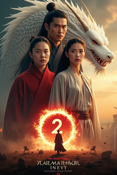 Create a poster for a movie called Shang-Chi 2.
Main content: This poster shows the three main characters (presumably Shang-Chi, Wenwu, and another female character) Simu Liu (Shang-Chi) next to a white dragon. The image has a mystical martial arts style s...