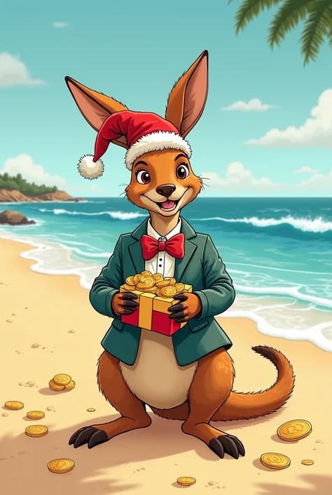 mr. roobet kanguru australia berlibur di hari natal, bersantai di pantai pakai topi natal, pakai jas lengkap, pegang hadiah koin roobet, sangat senang. pen art simple.