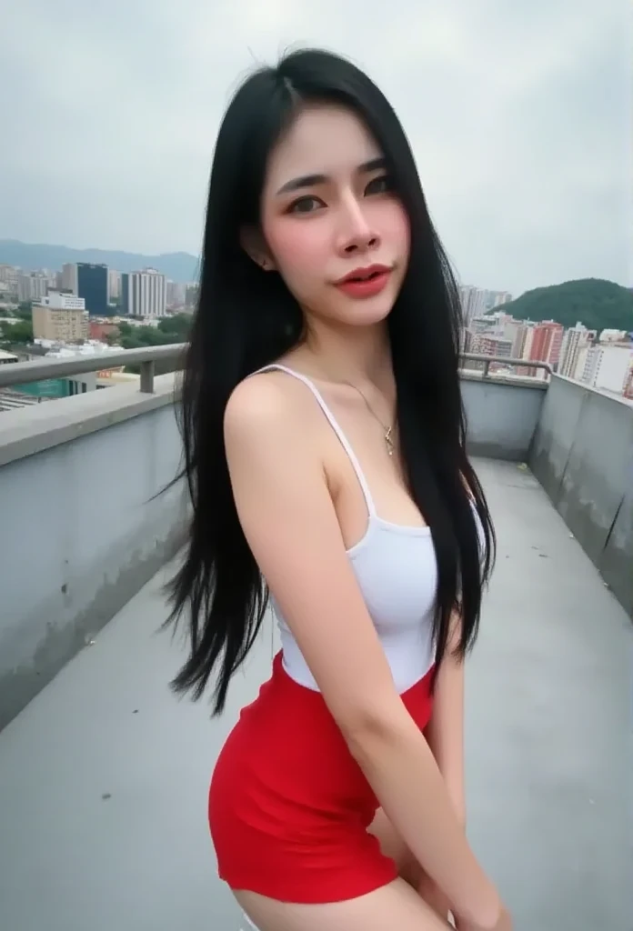 25 years old young woman, long hair, masterpiece detail, 4K, face details, clear focus, light hitting the skin makes the skin look charming, depth of field (natural light, good light), white tank top, red shorts, standing on the rooftop of a building, back...