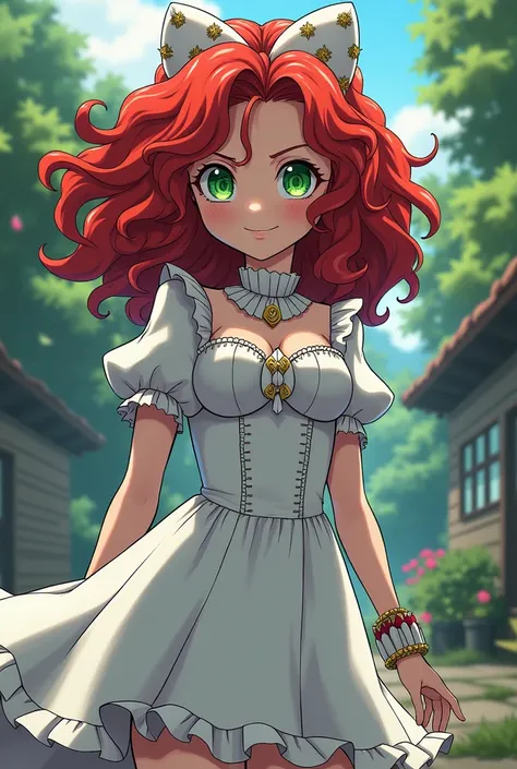  Make an image of a villain from my hero academy ,Let me be a redhead with curly hair .  green eyes, and wear a villain costume that is like that of Alice from Wonderland, and that it be white ,Let it be in the style of my hero Academia on the side 