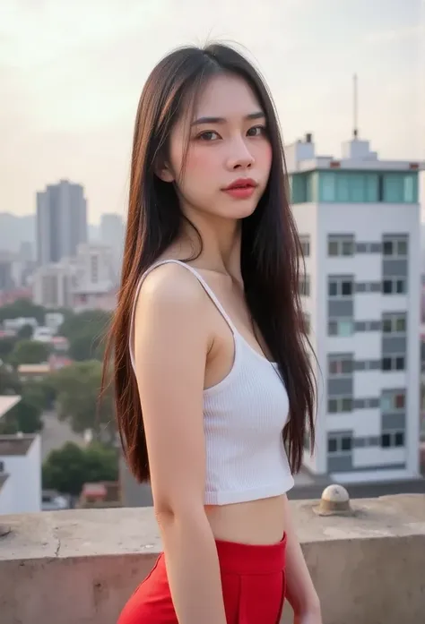 25 years old young woman, long hair, masterpiece detail, 4K, face details, clear focus, light hitting the skin makes the skin look charming, depth of field (natural light, good light), white tank top, red shorts, standing on the rooftop of a building, back...