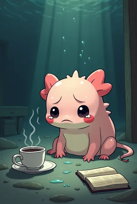 Create, as a realistic cartoon, a sad and crying axolotl with cold coffee on one side and a book that is under water in his little house 