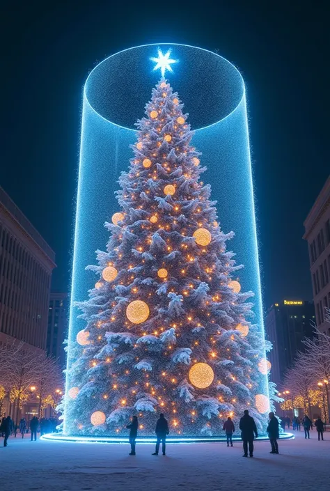 It says "Merry Christmas", A gorgeous and wonderful huge Christmas tree appears in a snow-covered square and inside a cylindrical hologram, effective effects, bold and dynamic, contrasts of light and shadow, 2.5D, artistic photography, hyper realistic, ult...