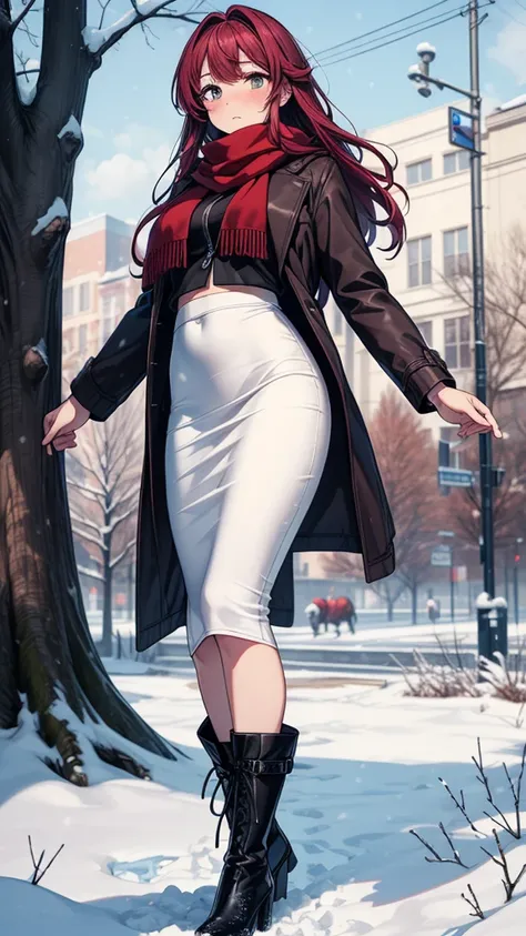 ((masterpiece, best quality:1.3, high detail)), beautiful woman, looking at viewer, long hair, (maroon hair), full-face blush, solo focus, one person, (brown jacket, white blouse, red scarf, (long black pencil ((skirt))), long pencil skirt, boots, outdoors...