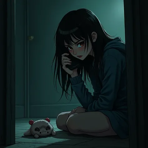 A horror image with a cellphone girl on call and behind a small plush toy lying on the floor 
